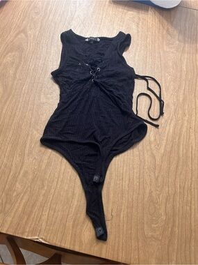 iris Black Ribbed Tank Bodysuit with Lace-Up Front